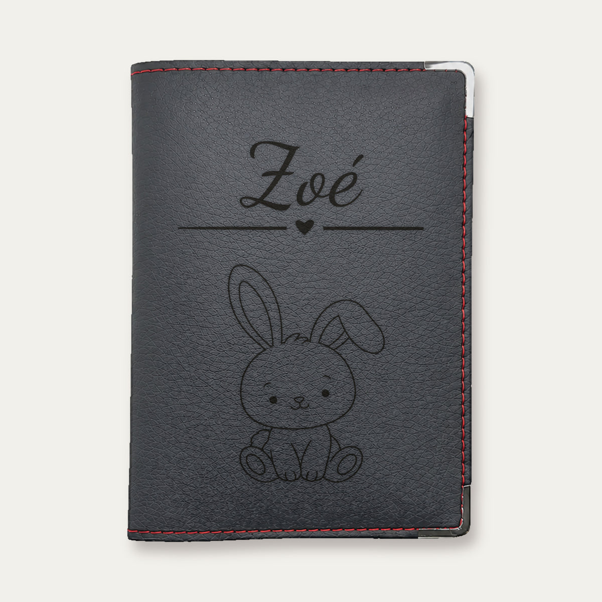 Protège-passeport bébé personnalisé – Lapin — Rouge — gravure « Zoé »