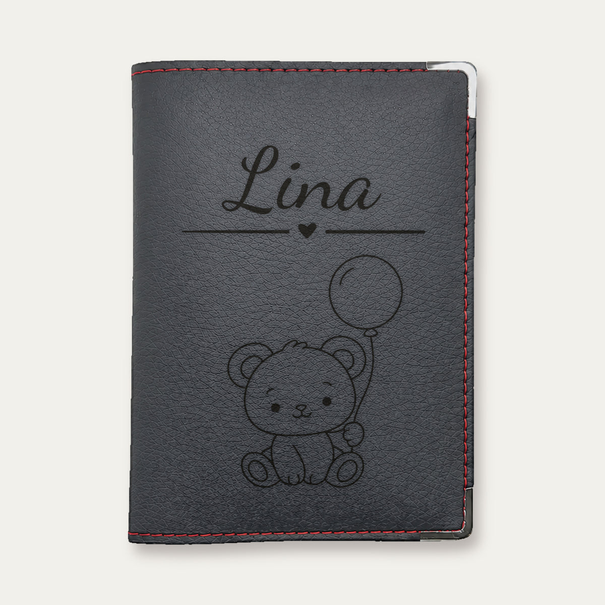 Protège-passeport bébé personnalisé – Ours — Rouge — gravure « Lina »